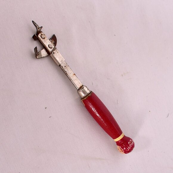 Vintage Manual Can Opener with Red Wooden Handle – Mid Century Kitchen Tool - Picture 2 of 4